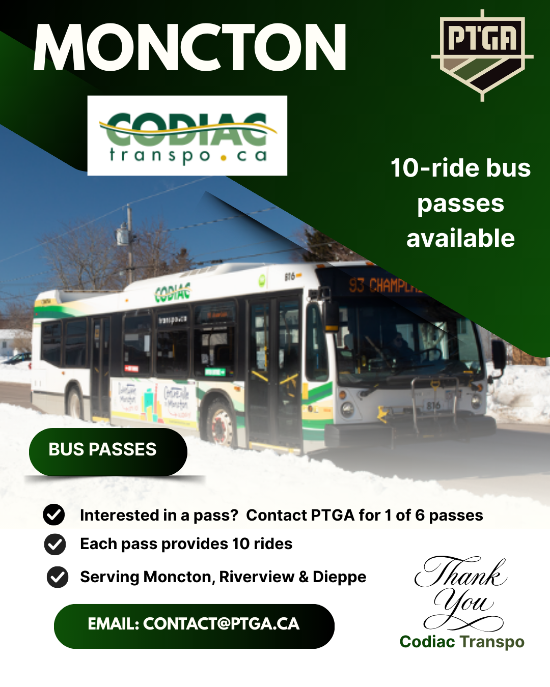 Moncton – Codiac Transpo Bus Passes – 6 (six) 10-ride passes available