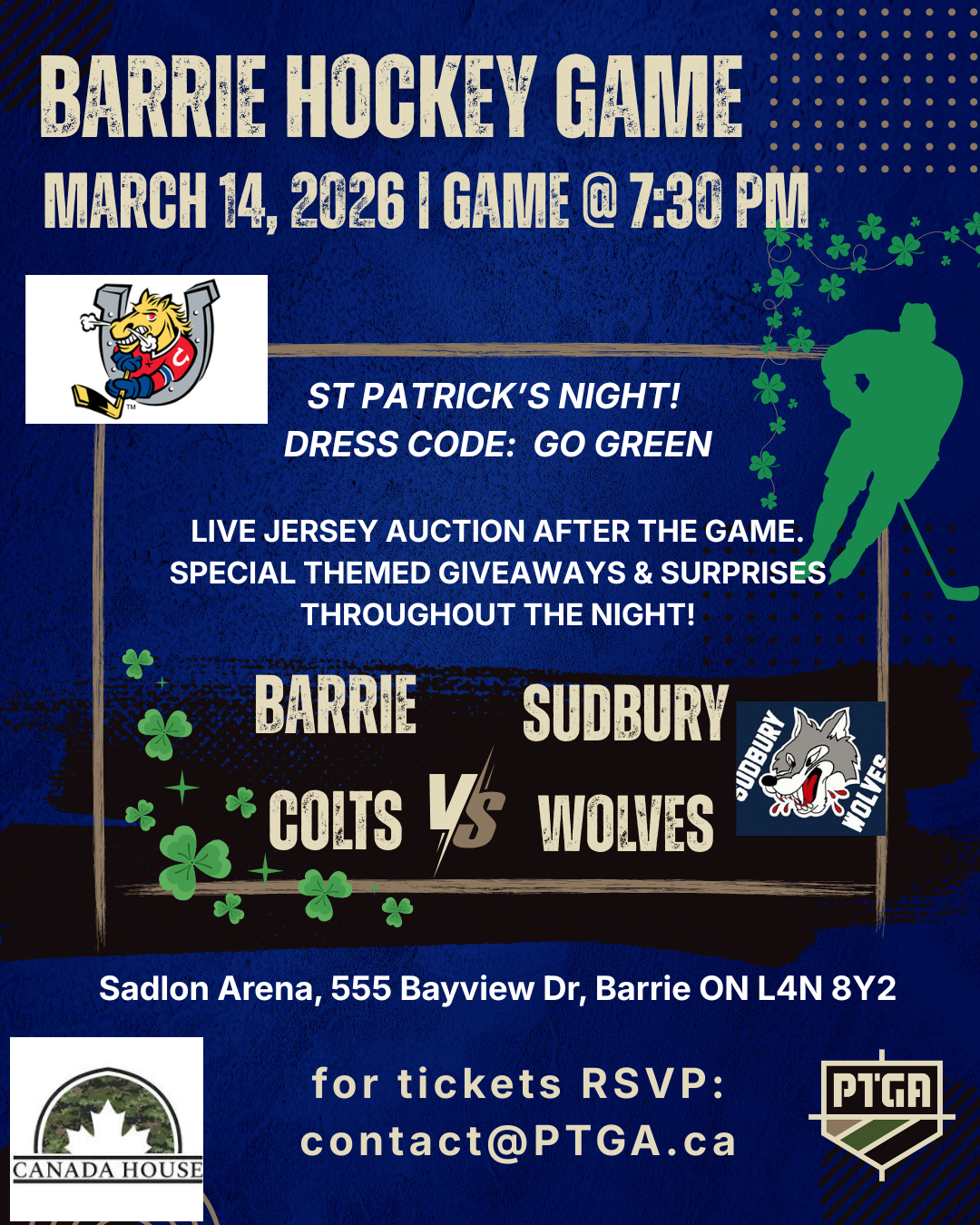 Barrie Hockey Game, March 14th – St. Patrick’s night!