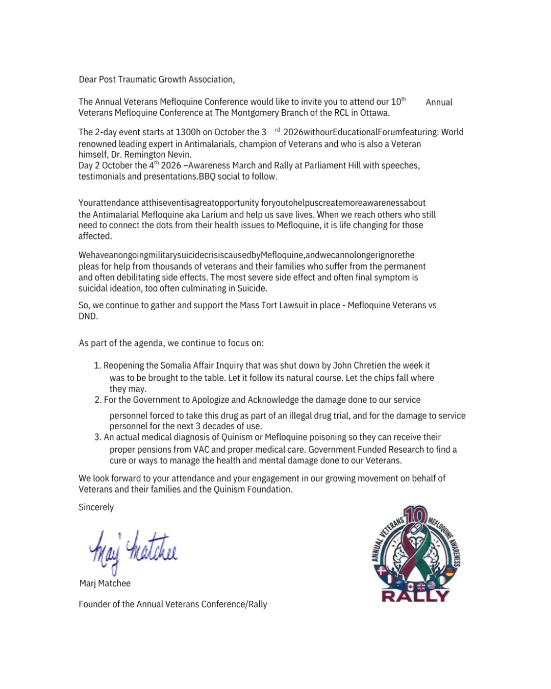 FYI – Annual Veterans Mefloquine conference – Ottawa ON